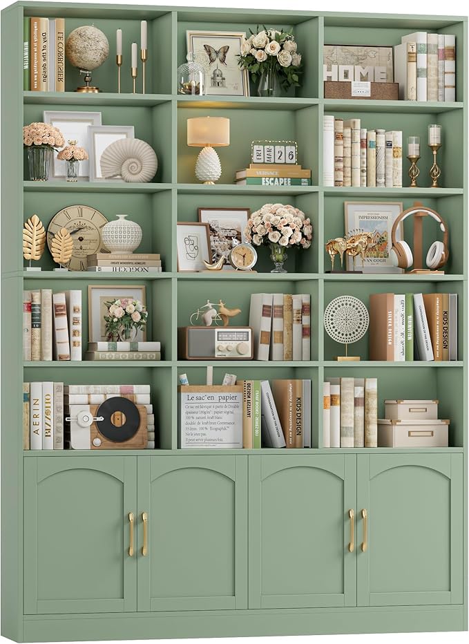FACBOTALL 82.3" Triple Wide Bookshelf, 7-Tier Tall Bookcase with 15-Cube Open Bookshelf & 4 Doors, Large Bookshelf with Storage Cabinet, Modern Bookshelf for Living Room, Office, Study Room, Green