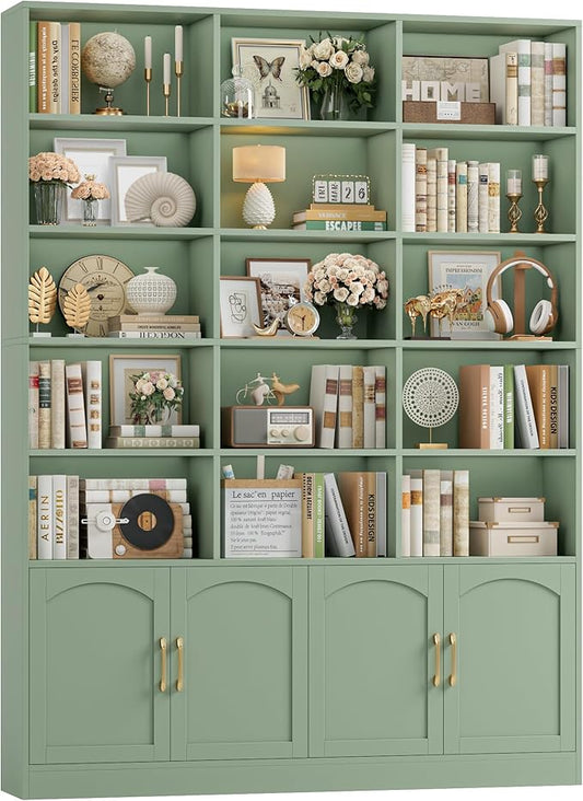 FACBOTALL 82.3" Triple Wide Bookshelf, 7-Tier Tall Bookcase with 15-Cube Open Bookshelf & 4 Doors, Large Bookshelf with Storage Cabinet, Modern Bookshelf for Living Room, Office, Study Room, Green