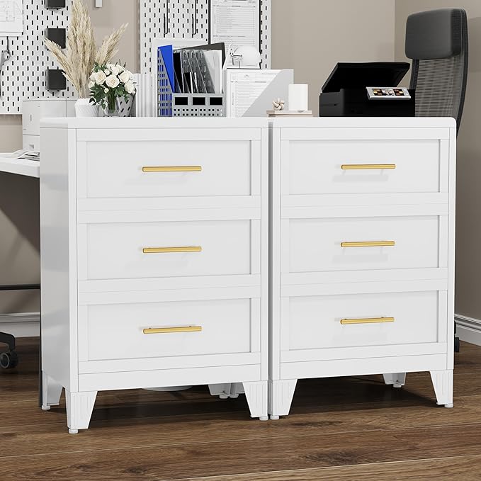 35.43" Tall Dresser for Bedroom 3 Drawers, Metal Dresser Chest of Drawers, Circular Drawer Cabinet for Home,Filing Cabinet with Drawers for Office (White)