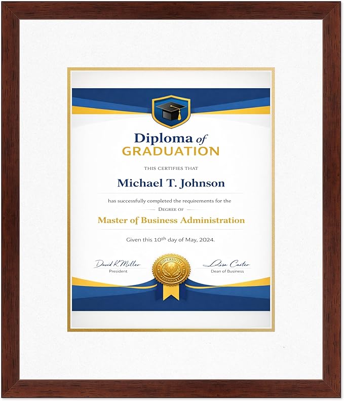 Diploma Frame Rustic Walnut With Oyster Shell Over Gold Double Mat - Fits 11 x 14 College Diploma (Portrait) Wall Display Made in the USA