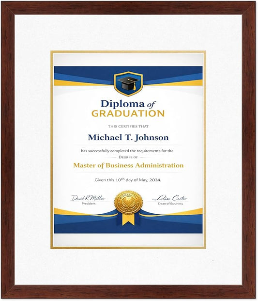 Diploma Frame Rustic Walnut With Oyster Shell Over Gold Double Mat - Fits 11 x 14 College Diploma (Portrait) Wall Display Made in the USA