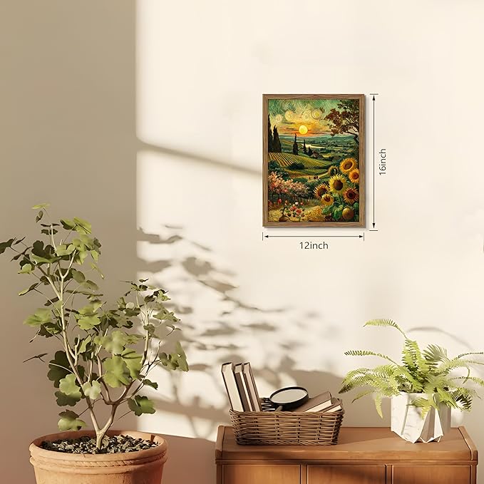 Framed Vintage Sunflower Wall Art, Cottagecore Van Gogh Impressionist Canvas Wall Decor Painting, Rustic Farmhouse Sunset Landscape Artwork Print Picture for Living Room Bedroom 12x16 Inch