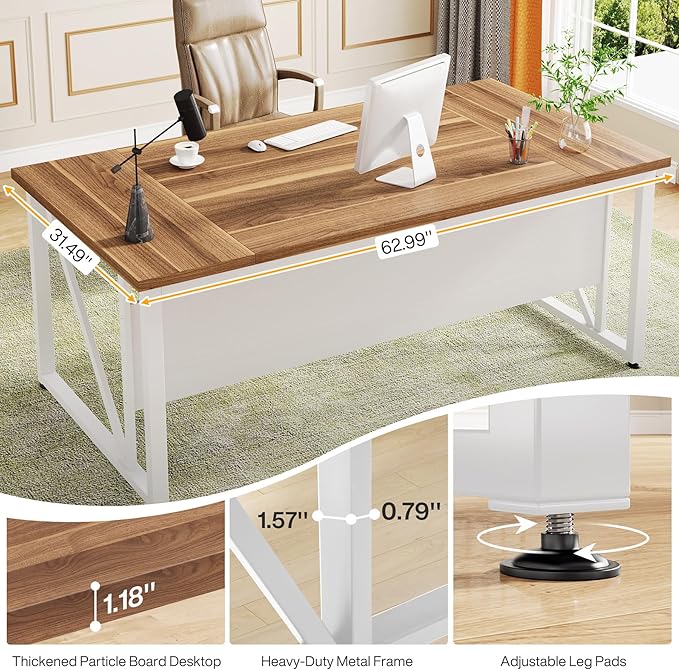 Tribesigns 63 inches Computer Desk with Bottom Storage Shelf Home Office Desk Writing Table for Workstation,Dark Walnut + Steel Leg， Cabinet not Included (Beige, 63-inch)