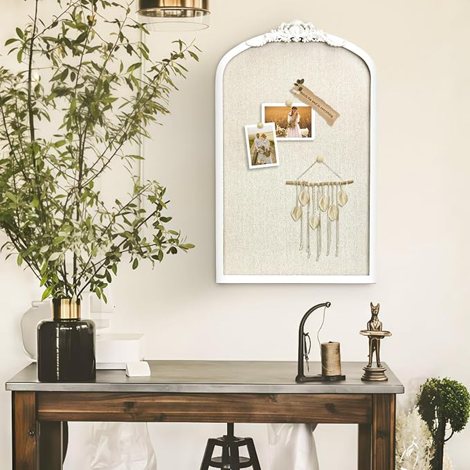 Bulletin Board with Linen, Vintage Arch Framed Pin Board – 19 x 31 White Cork Board for Walls, White Pine Wood Frame, Fabric Pinboard, Vision Board for School, Home & Office