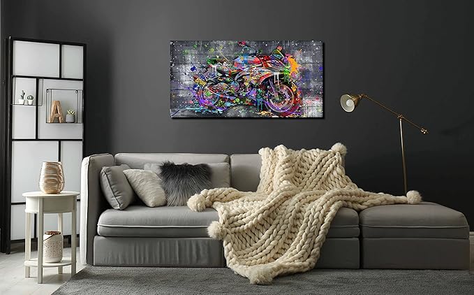 SIXTTART Graffiti Motorcycles Wall-Art - Wall Decor For Bedroom Men - Room Decor For Teens Ready To Hang Size 40" x 20"