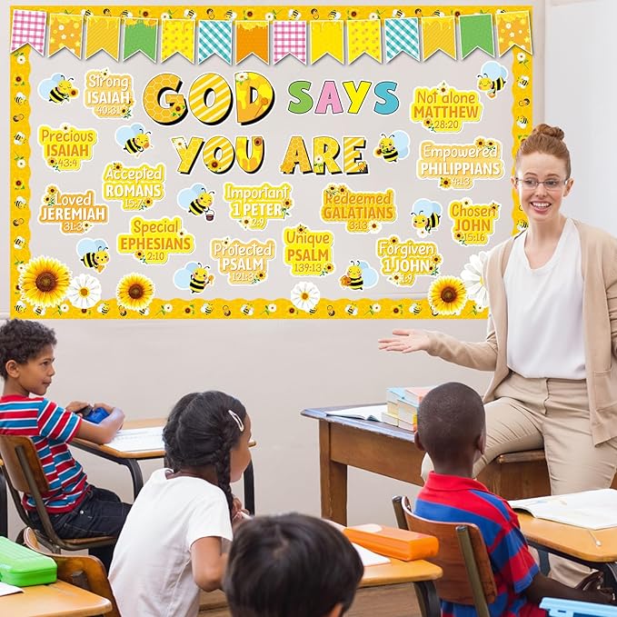 gisgfim Christian Bulletin Board Decorations Bee Sunflower Paper Cutouts God Says You are Inspirational Classroom Decor Religious Bulletin Board Set for Sunday School Church Wall Decor Supplies