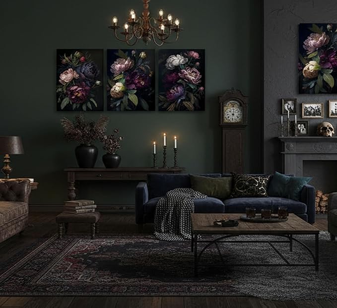 3 Pcs Moody Floral Canvas Wall Art Vintage Dark Peony Flowers Botanical Still Life Painting Picture Wall Decor Poster Print Artwork for Living Room Bedroom Women Room Home Decoration