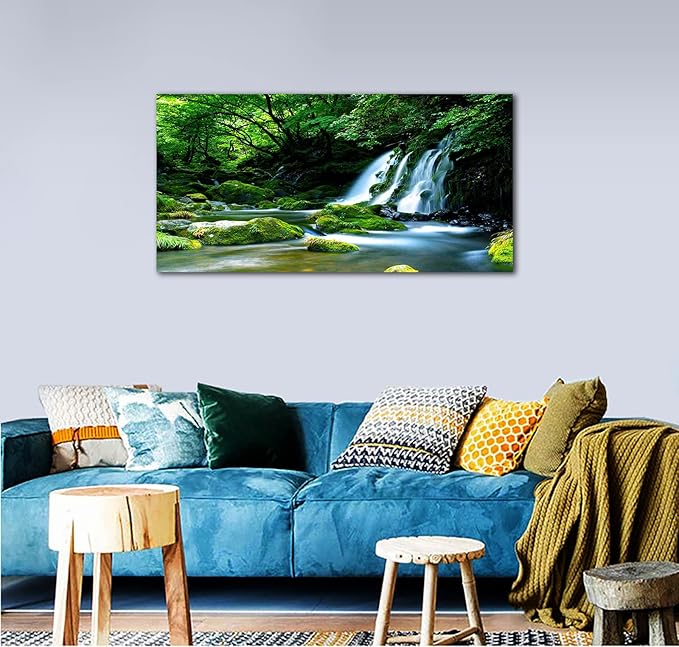 Waterfall Canvas Wall Art Living Room Decoration Large Nature Picture Artwork Modern Wall Art Landscape Green Forest for Kitchen Office Wall Decor Home Decorations Framed Ready to Hang 20" x 40"