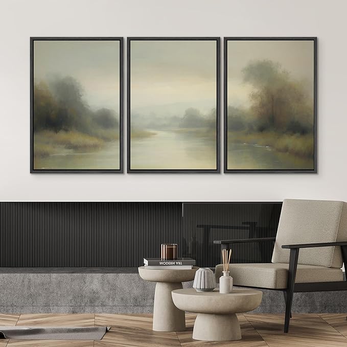 SIGNWIN Framed Wall Art Print Set Misty River Landscape Soft Neutral Nature Scene Photography Modern Art Closeup Relax/Calm Dark for Living Room, Bedroom, Office - 24"x36"x3 Black