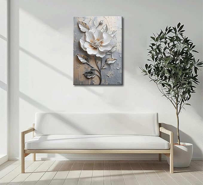 Elegant White Flower Canvas Wall Art Modern Abstract Floral Wall Decor Picture Blooming Flower Poster Print for Office Living Room Bedroom Bathroom Home Decoration 16x24in