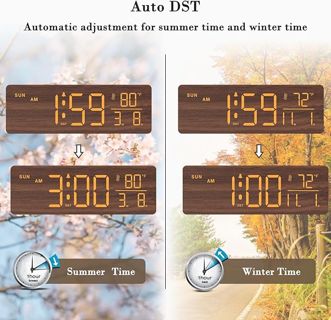 DreamSky Wooden Digital Alarm Clocks for Bedrooms – Large Display Desk Clock with Date & Day of Week for Living Room, Temperature, Dimmer, Adjustable Volume, Auto DST, Office Wood Décor (Plug-in)