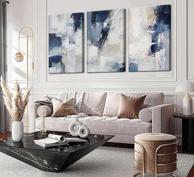 3pcs Navy Blue Abstract Canvas Wall Art Modern Minimalist Neutral Blue White Painting Picture Wall Decor Posters Prints Artworks for Living Room Bedroom Office Home Decoration