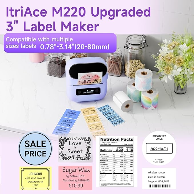 M220 Bluetooth Label Maker, Sticker Maker Support Printing 0.78-3.14 inch, Mini Thermal Printer for Small Business & Home，Portable Printer Compatible with Smartphone and PC （Purple）