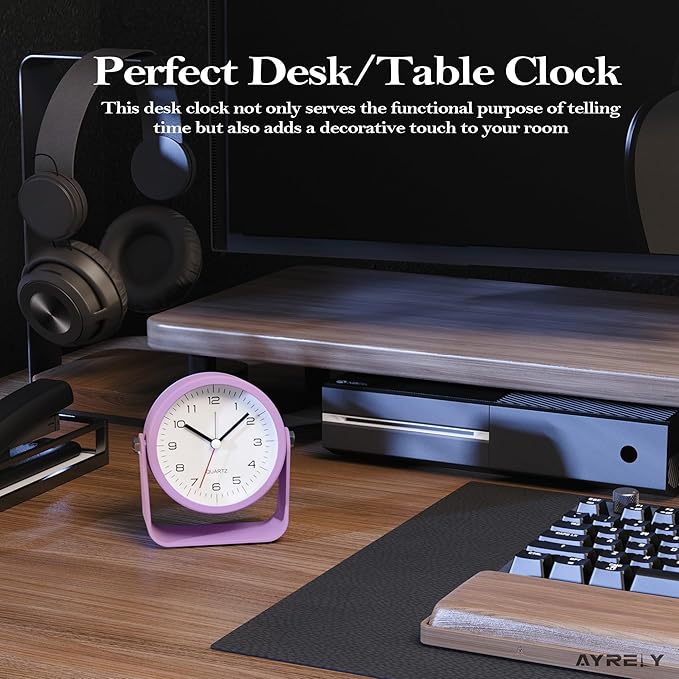 AYRELY® 3.5 Inch Small Analog Alarm Clocks,Battery Operated Desk Clock,Cute Table Clock with Light，Adjustable Angle for Travel,Bedside,Bedroom,Kids,Living Room Decor (Purple)