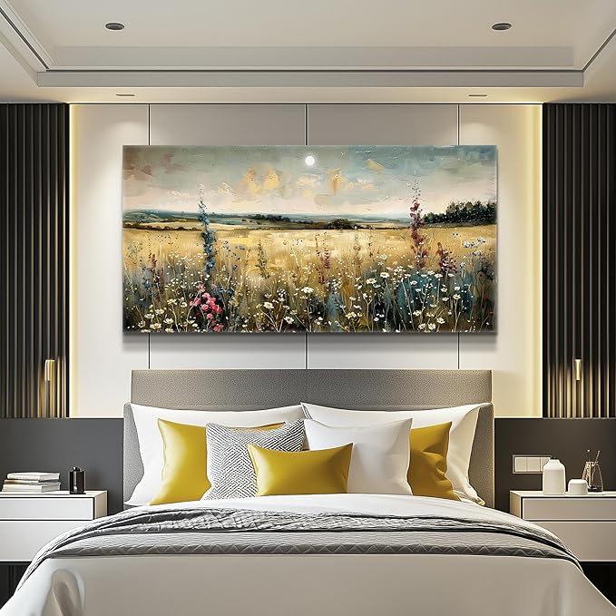 KELIYUAN Wall Art living Room Natural Field Landscape Painted Decor Vintage Meadow Wildflowers Modern Printed Artwork Bedroom Farmhouse Restaurant Office Home Decor Can Be Hung Directly 24x48 In