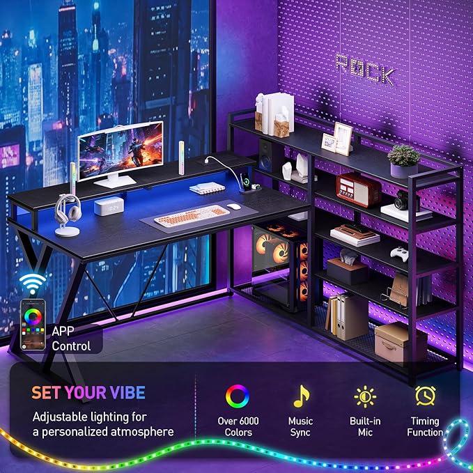 Reversible L Shaped Gaming Desk with Shelves, 52'' L Shaped Computer Desk with Power Outlet and LED Light, Corner Desk with Storage Shelf and Monitor Stand, for Home Office, Black