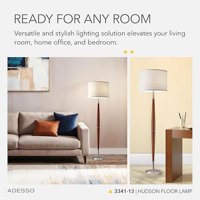 Adesso Hudson Floor Lamp - Adjustable Brightness, Perfect Lighting for Bedroom, Living Room and Corner Decor, Maple Eucalyptus Wood & Satin Steel Accents, Soft/White Lampshade