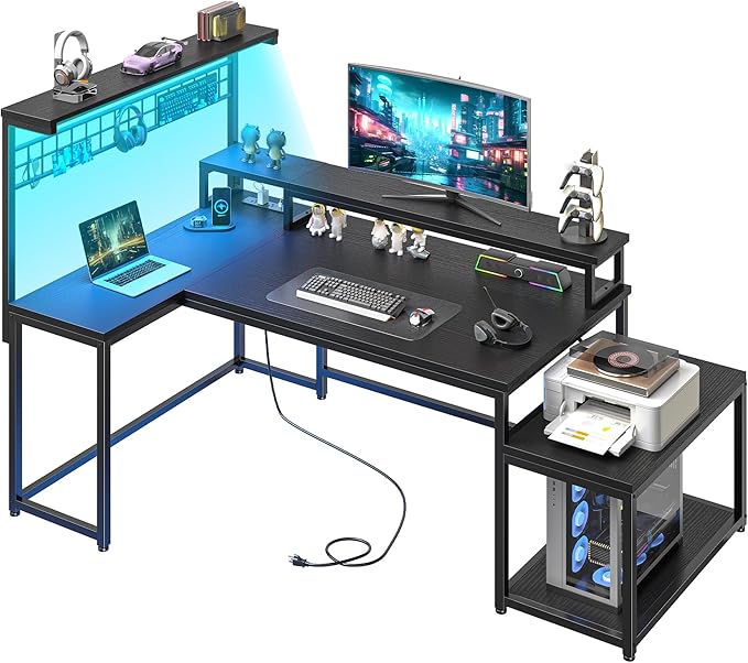 63.5" L Shaped Gaming Desk with LED Lights & Power Outlets, Computer Desk with Shelves & Hooks & Monitor Stand and Printer Space for Home Office, Corner Desk of Study Room, Bedroom, Black