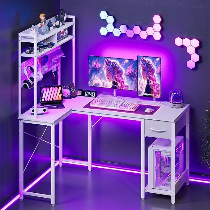 Apicizon L Shaped Gaming Desk 53", Reversible Corner Computer Desk with LED Lights, Carbon Fiber Surface, Pegboard with Hooks, Drawer & PC Tower Stand, USB Charging Port