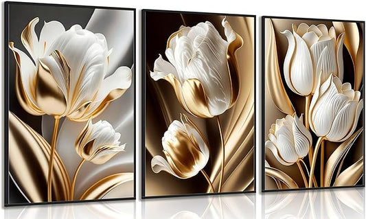 3Pcs Abstract White Gold Floral Wall Art Modern Luxury Minimalism Painting Pictures Wall Decor tulip Plants Posters Prints Artwork for Living Room Bedroom Office Home Decoration 12 x 16in unframed