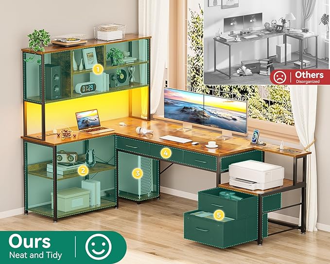 AODK 79 inch L Shaped Desk with 5 Drawers, Reversible L Shaped Gaming Desk with LED Light & 2 Power Outlets, Computer Desk with Storage Shelves for Home Office, Vintage