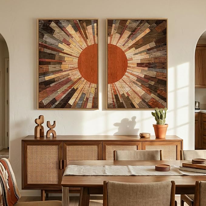 Framed Boho Mid Century Sun Wall Art for Living Room, Set of 2 Abstract Farmhouse Sunrise Canvas Artwork for Walls, Vintage Earth Tone Painting Print Wall Art Decor for Bedroom Home Office, 24x36 Inch