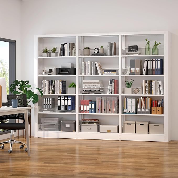 White Bookshelf, 5-Tier Bookshelf with Adjustable Storage Shelves, Freestanding Bookcases and Bookshelves, Wide Bookshelf for Home Office, Living Room, Bed Room, Including Book Stopper