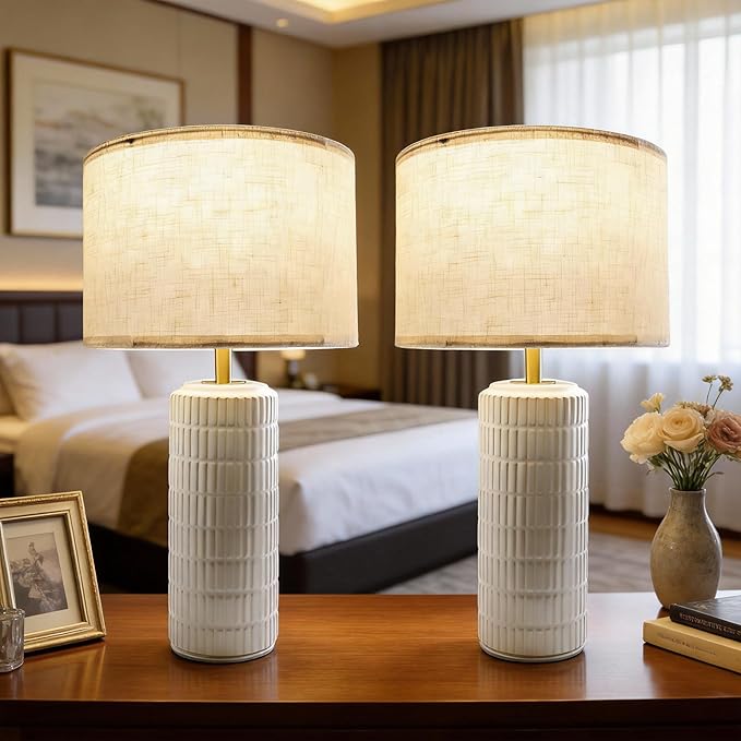 23" Modern Ceramic Table Lamps for Bedroom Set of 2,Farmhouse Bedside Night Stands Lamp for End Table Home Decor,Boho Nightstand Lamps Set of 2 for Living Room, White Desk Lamps for Home Office