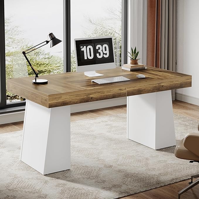 Tribesigns 55 Inches Executive Desk, Mid-Century Modern Home Office Desk, Wood Computer Table Business Workstation Small Conference Table, White & Brown