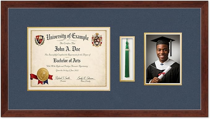 CountryArtHouse Diploma Tassel and Photo Shadowbox Fits 11 x 8.5 US Letter Certificate with Tassel Rustic Walnut Genuine Hardwood with Navy Blue Over Metallic Gold Double mat