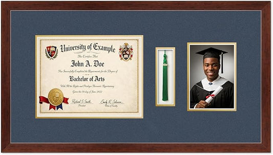 CountryArtHouse Diploma Tassel and Photo Shadowbox Fits 11 x 8.5 US Letter Certificate with Tassel Rustic Walnut Genuine Hardwood with Navy Blue Over Metallic Gold Double mat