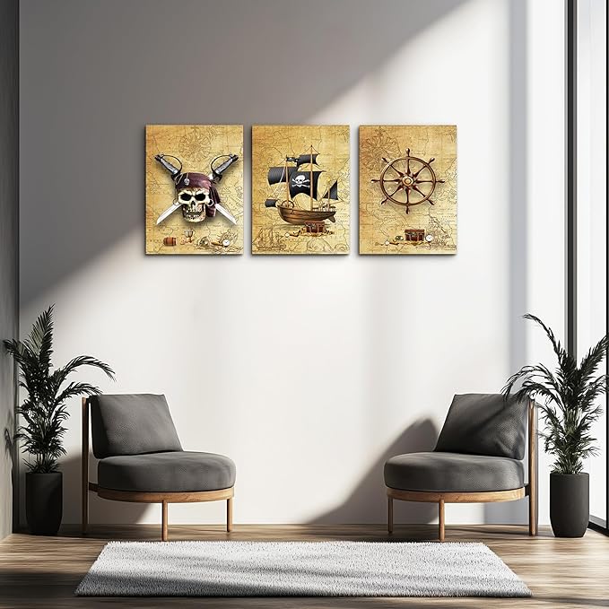 Pirate ship and rudders Canvas Wall Art for Living Room Bedroom Decoration wall painting,Bathroom Wall Decor Home Decoration kitchen posters artwork，Adventure map decoration 16x12 inch/ 3 piece set