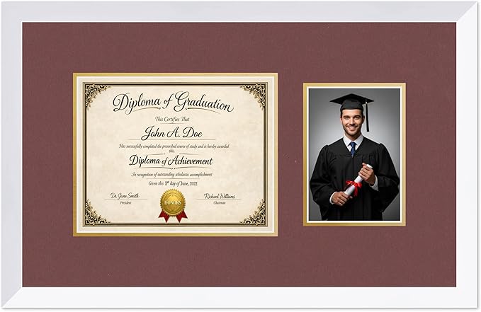 Diploma Frame With Photo Opening Bright White Dark Red Over Gold Mat - Fits 10 x 8 Degree and Picture Made in the USA