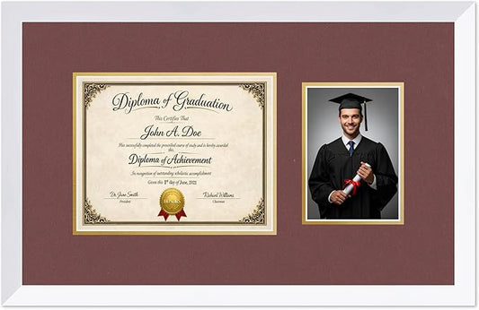 Diploma Frame With Photo Opening Bright White Dark Red Over Gold Mat - Fits 10 x 8 Degree and Picture Made in the USA