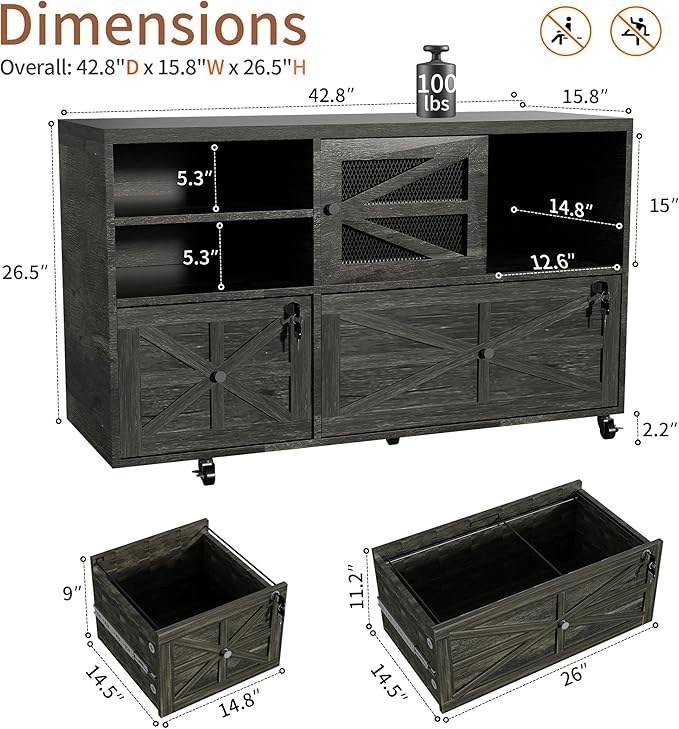 Semoic 2 Drawer Farmhouse File Cabinet with Lock, Mobile Lateral Filing Cabinet for Letter/Legal/A4 Size, Open Storage Adjustable Shelf for Home Office Cabinets, Gray