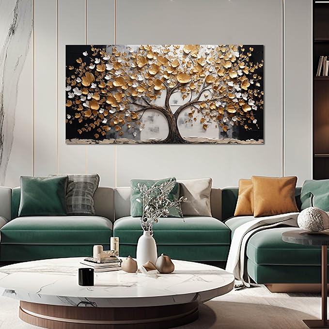 SKYRISE Abstract Gold Tree Wall Art for Living Room, Golden Tree Canvas Wall-Decor for Bedroom, Modern Landscape Decorative-Picture Print Artwork for Office Home, Size 48x24 Inches