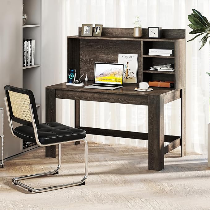 Giantex Computer Desk with Hutch, Modern Home Office Desk with Power Outlets, Storage Shelves & Cable Hole, Makeup Vanity Table, Study Writing Desk for Bedroom Office Small Space (Grey Oak)