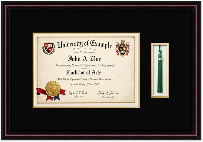CountryArtHouse Diploma and Tassel Frame Fits 11.69 x 8.27 A4 Certificate with Tassel Hoo Executive Brown Genuine Hardwood Shadowbox with Black Over Metallic Gold Double mat