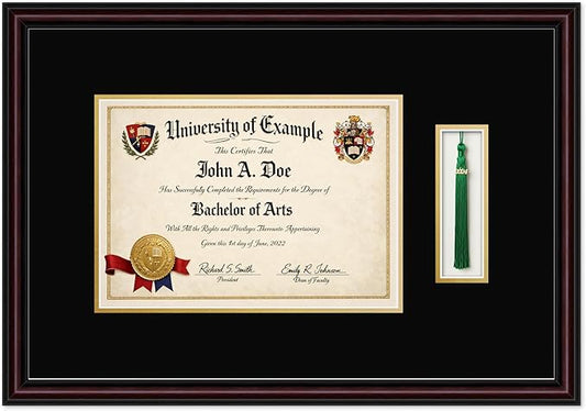 CountryArtHouse Diploma and Tassel Frame Fits 11.69 x 8.27 A4 Certificate with Tassel Hoo Executive Brown Genuine Hardwood Shadowbox with Black Over Metallic Gold Double mat