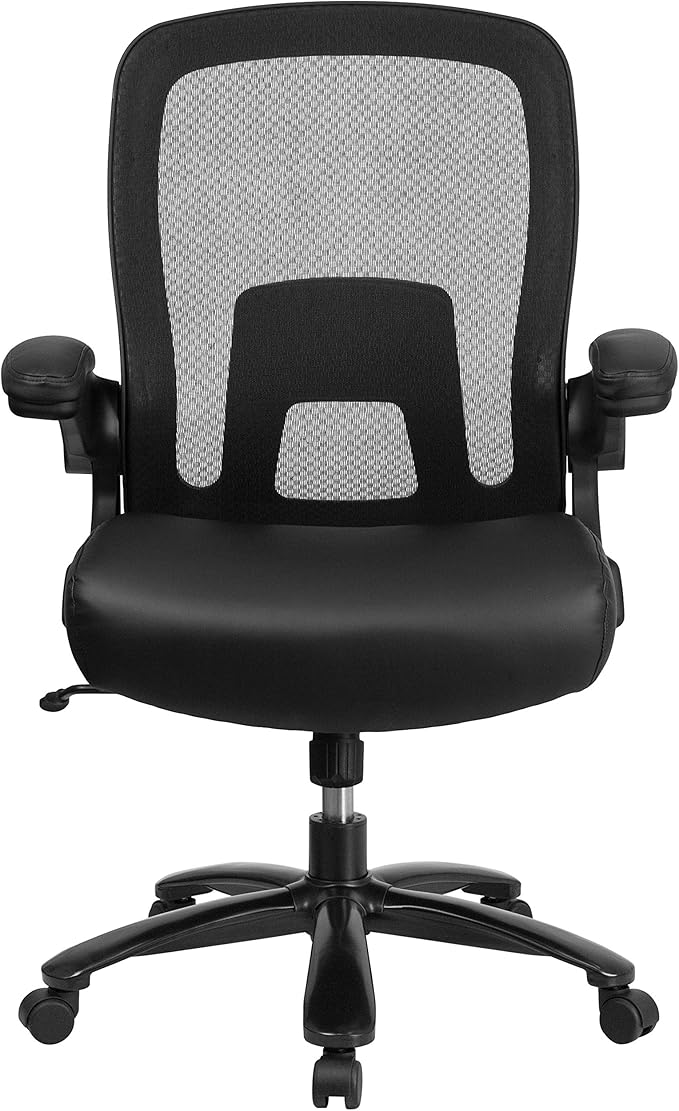Flash Furniture Big & Tall Swivel Office and Gaming Chair with LeatherSoft Seat, Mesh Office Chair with Flip-Up Armrests and Adjustable Height, Black