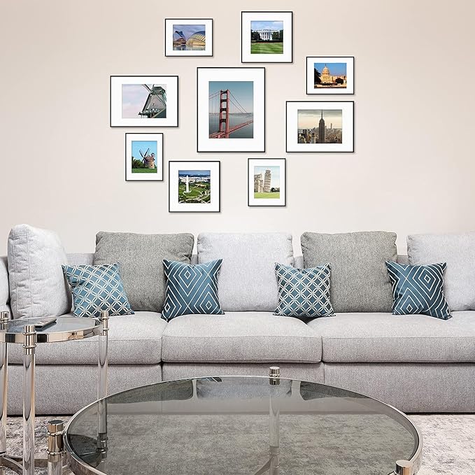 Golden State Art, Gallery Wall Frame Set of 6 - Black 12x16 Aluminum Photo Frames with Mat for 8.5x11 Pictures - 12 x 16 inch Metal Frame with Real Glass Cover - Elegant Home or Office Decor