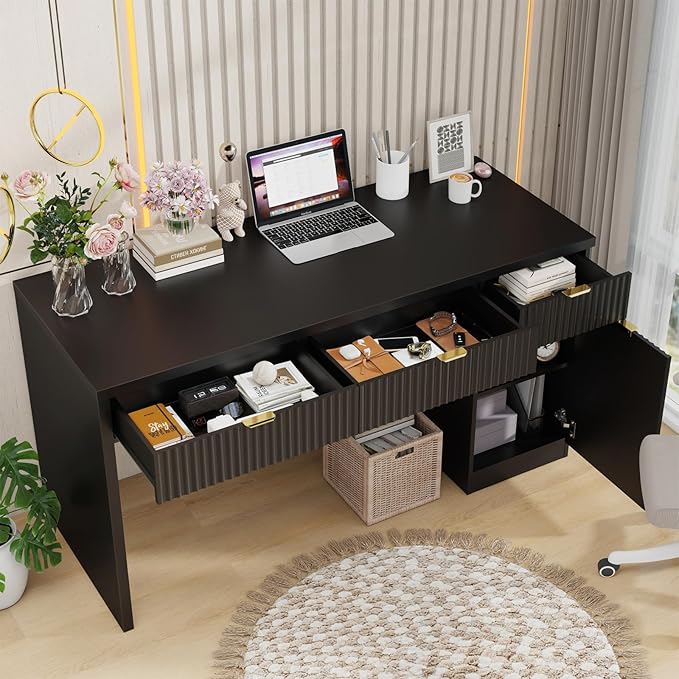 60" Executive Desk with Fluted Drawers, Wood Home Office Desk with Storage Cabinet, Fluted Reversible Computer Writing Desk for Study, Living Room,Black