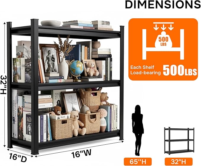 3 Tier Shelf Small Bookshelf 16" Width Free Standing Shelf Adjustable Shelf Unit for Small Spaces Industrial Metal Book Shelves for Home, Office, Living Room,32''Hx16''Wx16''D,Black