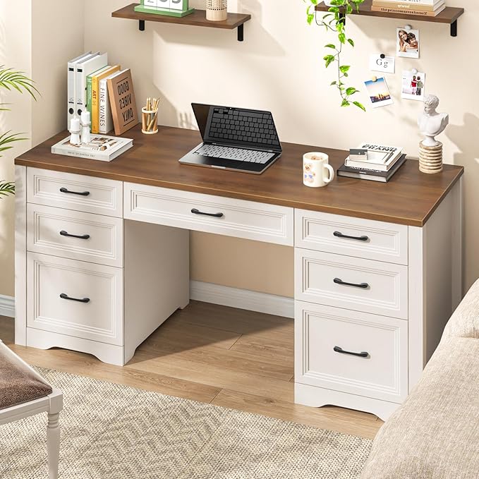 Farmhouse Executive Desk, Wood Home Office Desk with 2 Large File Drawers and 5 Storage Cabinets, Rustic Writing Desk for Work and Study, Brown