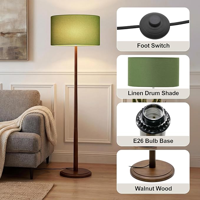 61" Rustic Walnut Wood Floor Lamp for Living Room, Retro Farmhouse Tall Lamp for Bedroom, Mid Century Standing Lamp with Linen Shade for Home Corner, Office, Dining Room, Bulb not Included, Green