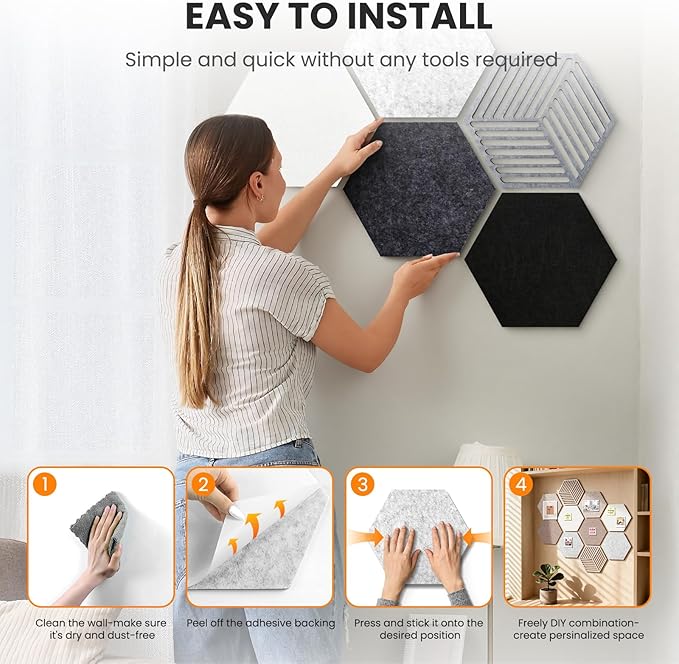 Hexagon Cork Bulletin Boards for Walls Decor, 10 Pack Felt Board Tiles with 25 Push Pins, Photo Display Board for Office & Home Classroom DIY Decor