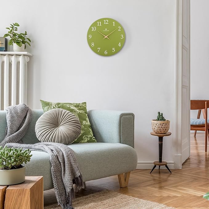 Lafocuse 12 Inch Wooden Olive Green Wall Clock Battery Operated Silent Non-Ticking, Modern Simple Wall Clock for Living Room Decor Kitchen Bedroom Office