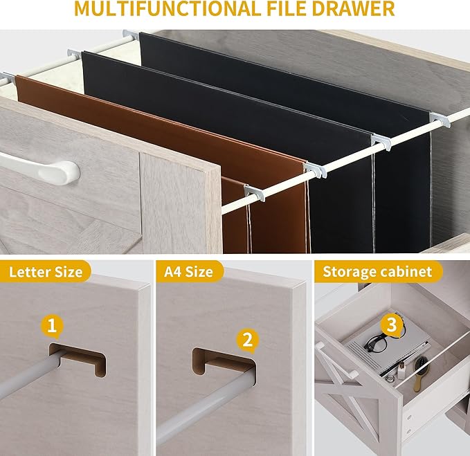 DWVO L Shaped Desk with File Drawer, 60" Corner Computer Desk with Power Outlets, Home Office Desk with Monitor Stand & Storage Shelves & File Cabinet, Grey Wash