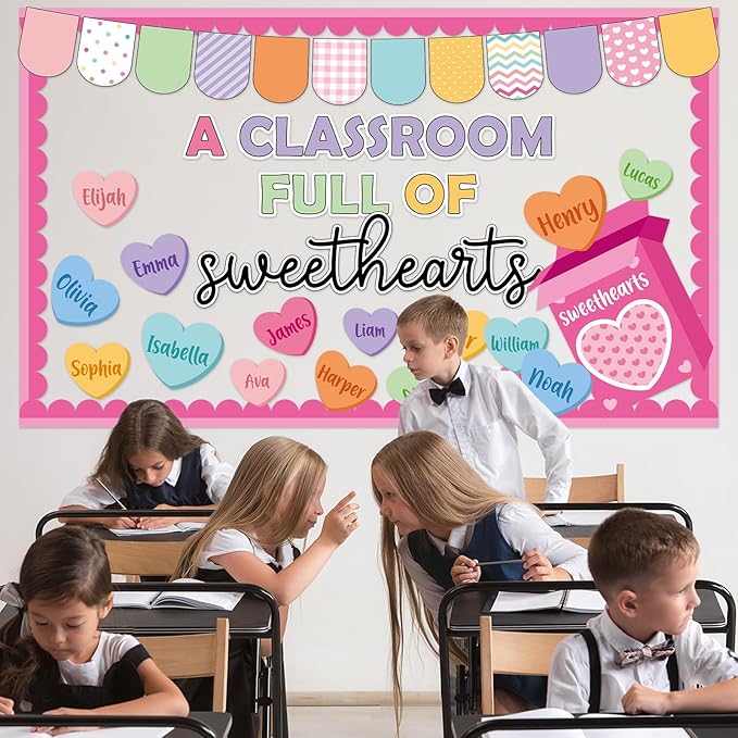 Valentine's Day Bulletin Board Set Happy Valentine's Day Classroom Decorations A Classroom Full of Sweethearts Paper Cutouts Candy Heart Name Tags for School Home Office Chalkboard Wall Door Decor