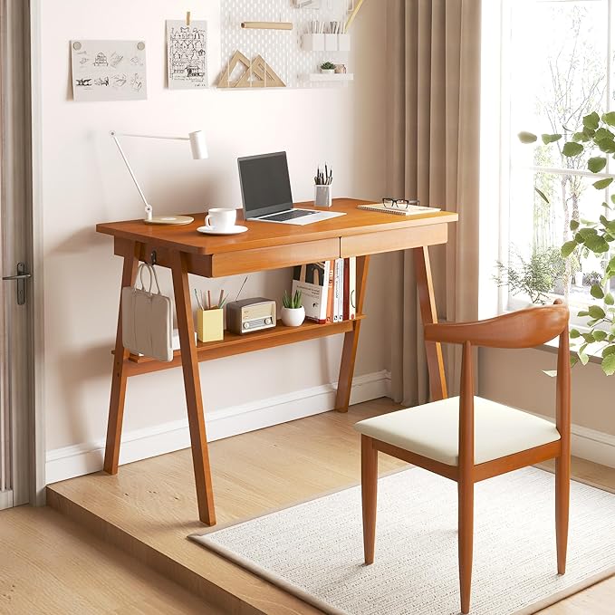 Solid Wood Desk with Drawers - 39.4 Inch Mid Century Modern Desks with Storage Shelf, Small Writing Desk for Small Spaces, Home Office Desks for Bedroom & Home, Walnut Color